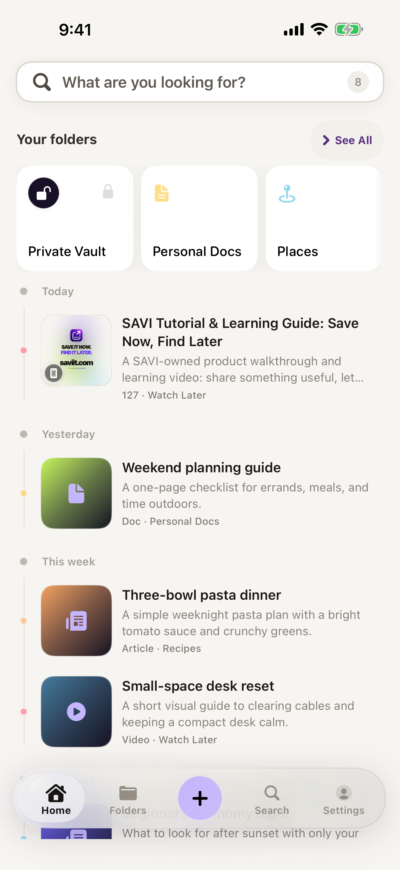 SAVI Home screen with saved tutorials, guides, recipes, and videos