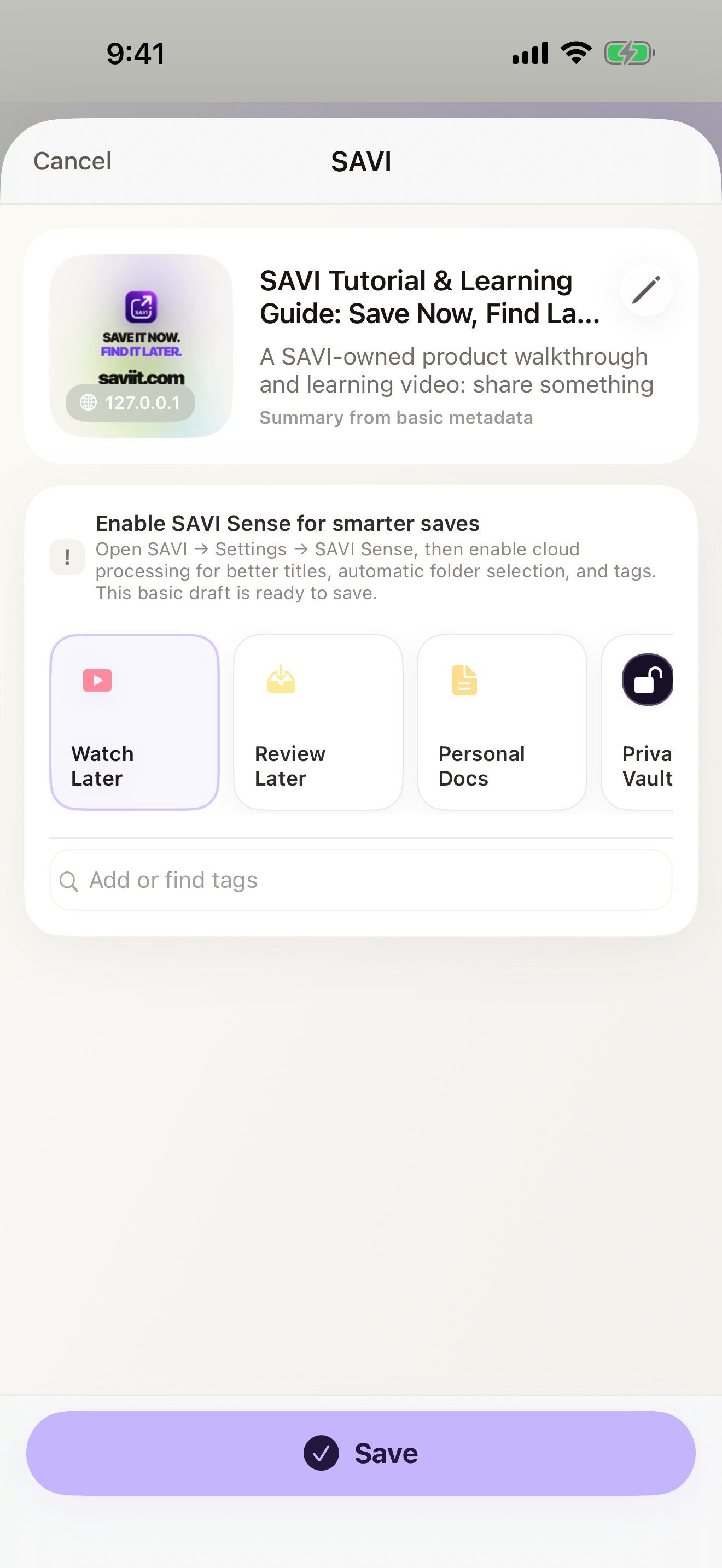 SAVI review screen with title, summary, folder, tags, and Save button ready