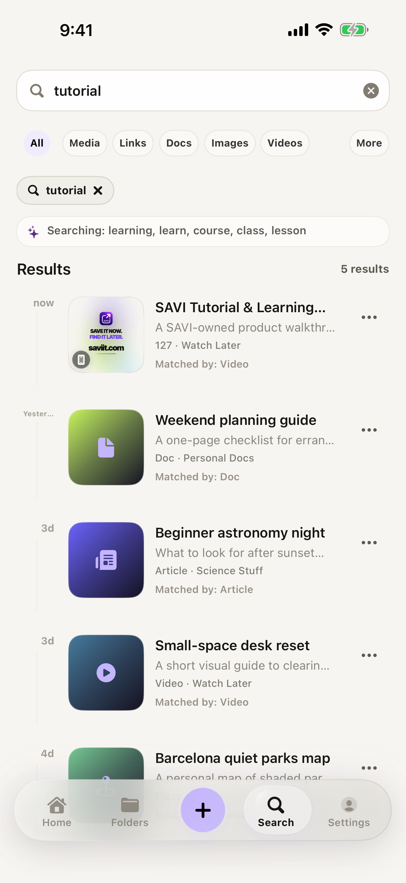 SAVI search for tutorial returning the matching saved video first