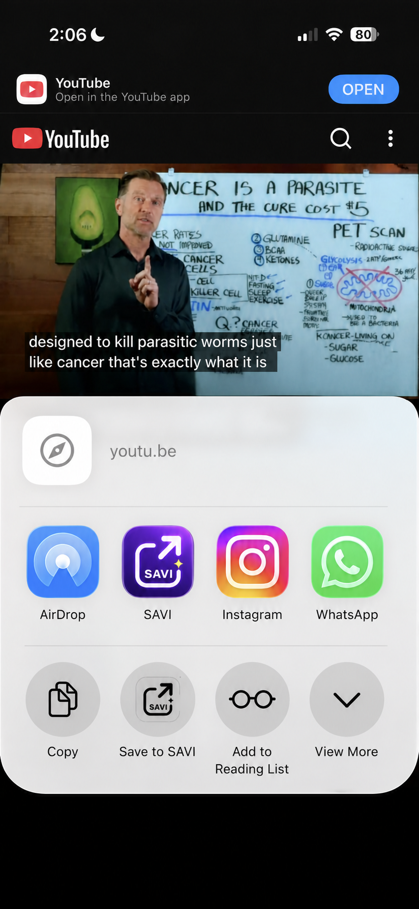 YouTube video about a parasite claim open in the iPhone Share Sheet with SAVI ready to tap; contact suggestions are removed