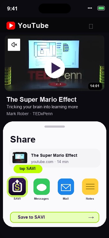 YouTube video with a clean share sheet showing the real SAVI app icon selected
