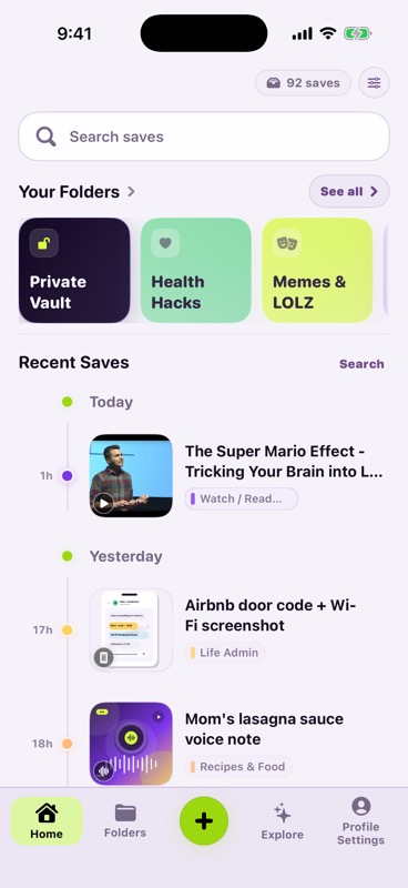 SAVI Home screen showing search, folders, and recent saves without setup prompts
