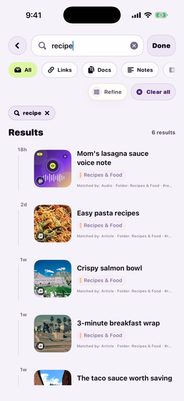 SAVI search results for recipe showing six useful saved results