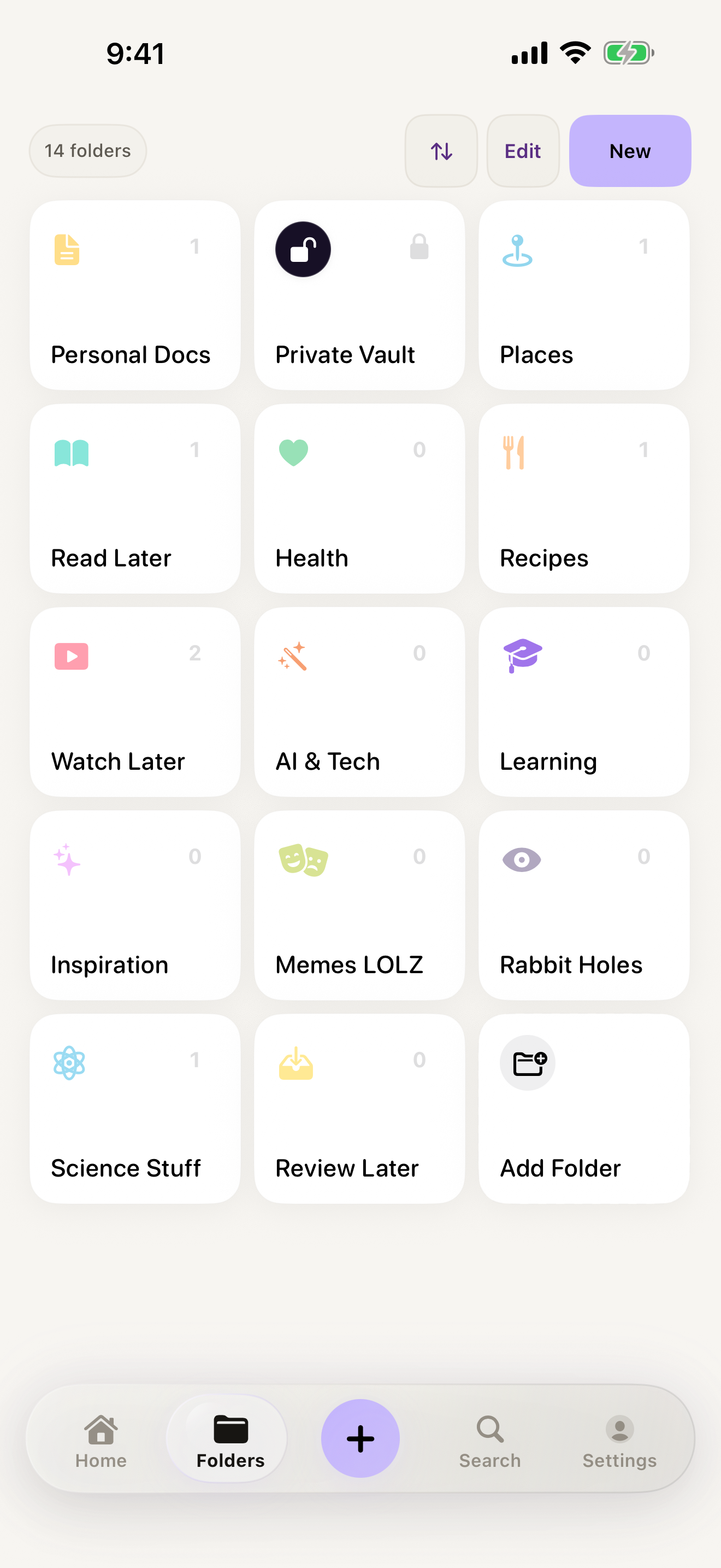 Current SAVI Folders screen showing the complete organized folder grid