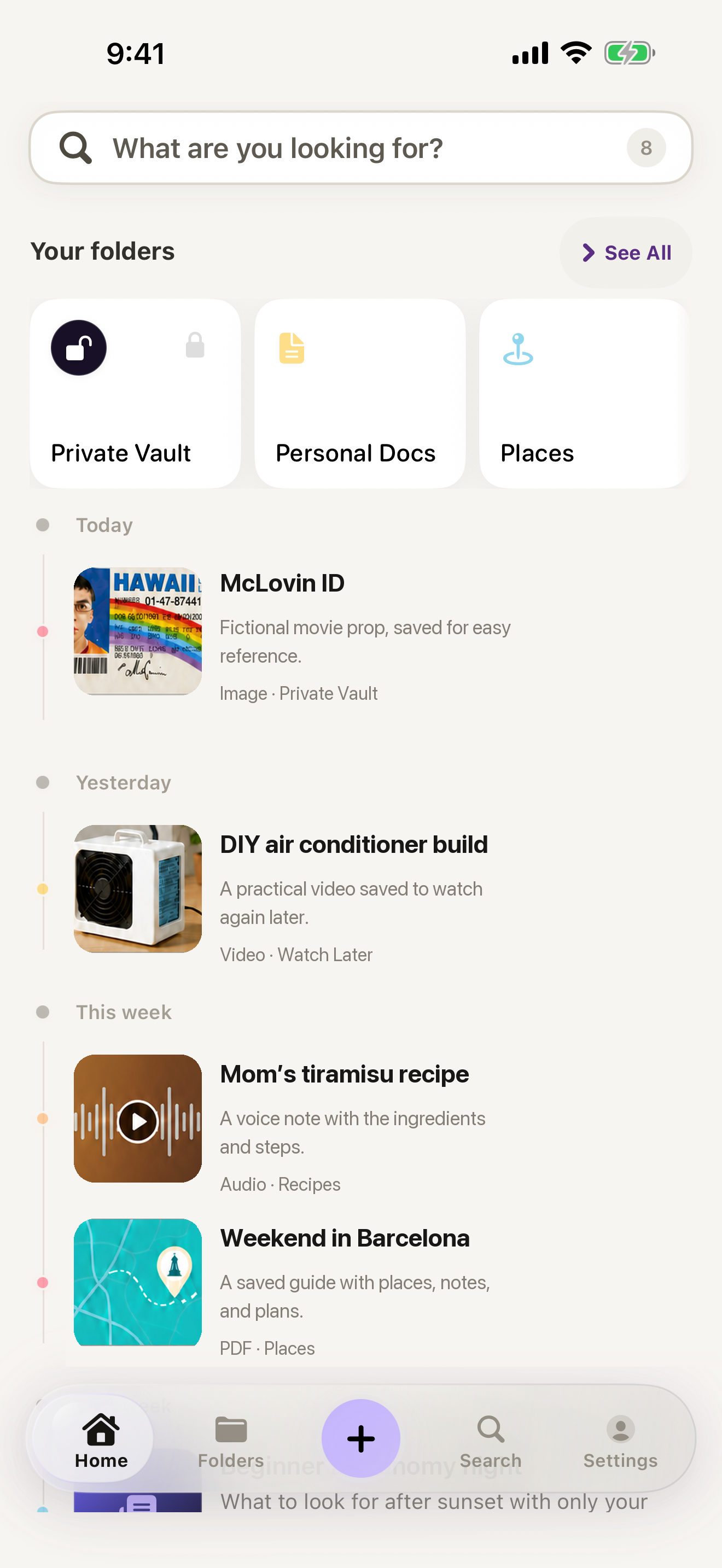 Illustrative SAVI Home example using the current app layout with McLovin movie-prop ID, video, recipe, and travel thumbnails