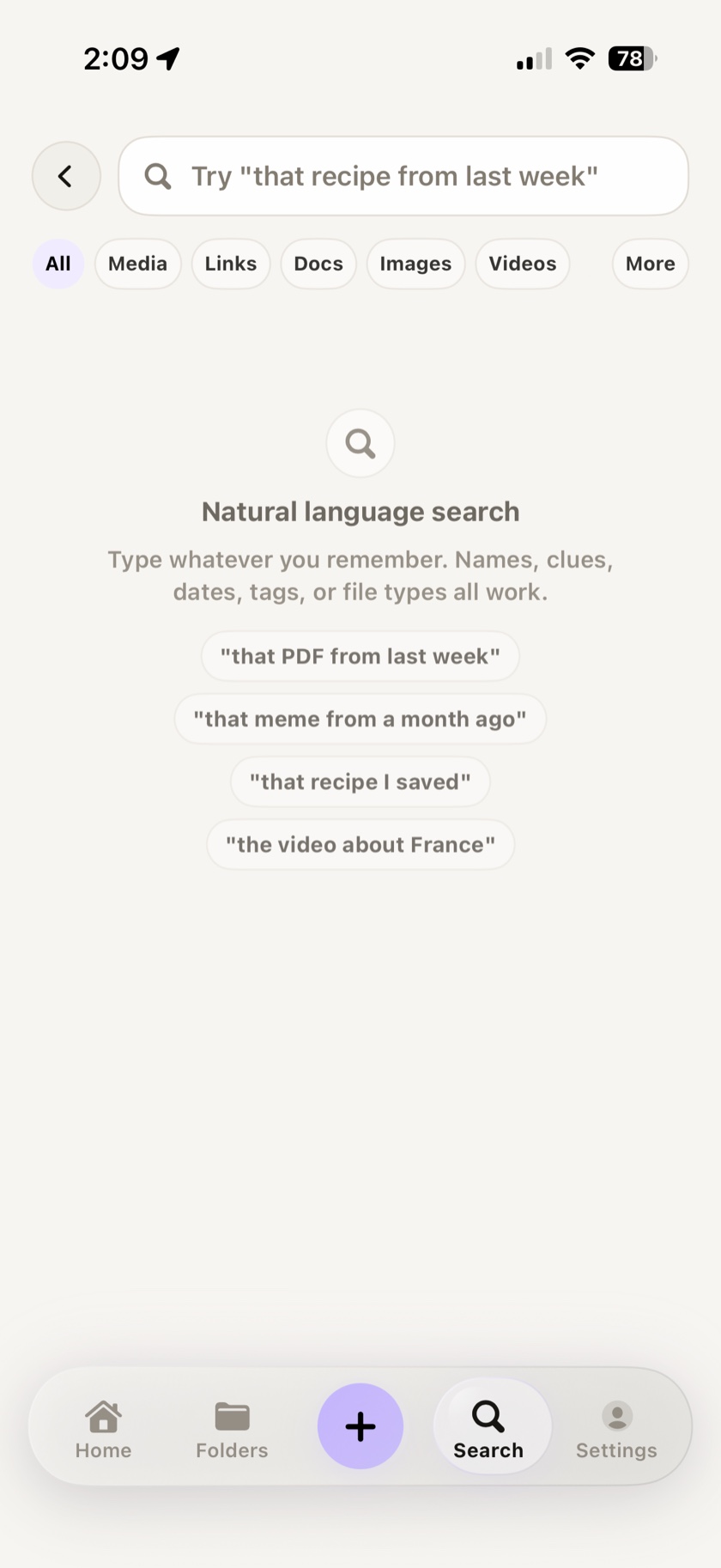SAVI natural-language search screen inviting queries like that recipe from last week